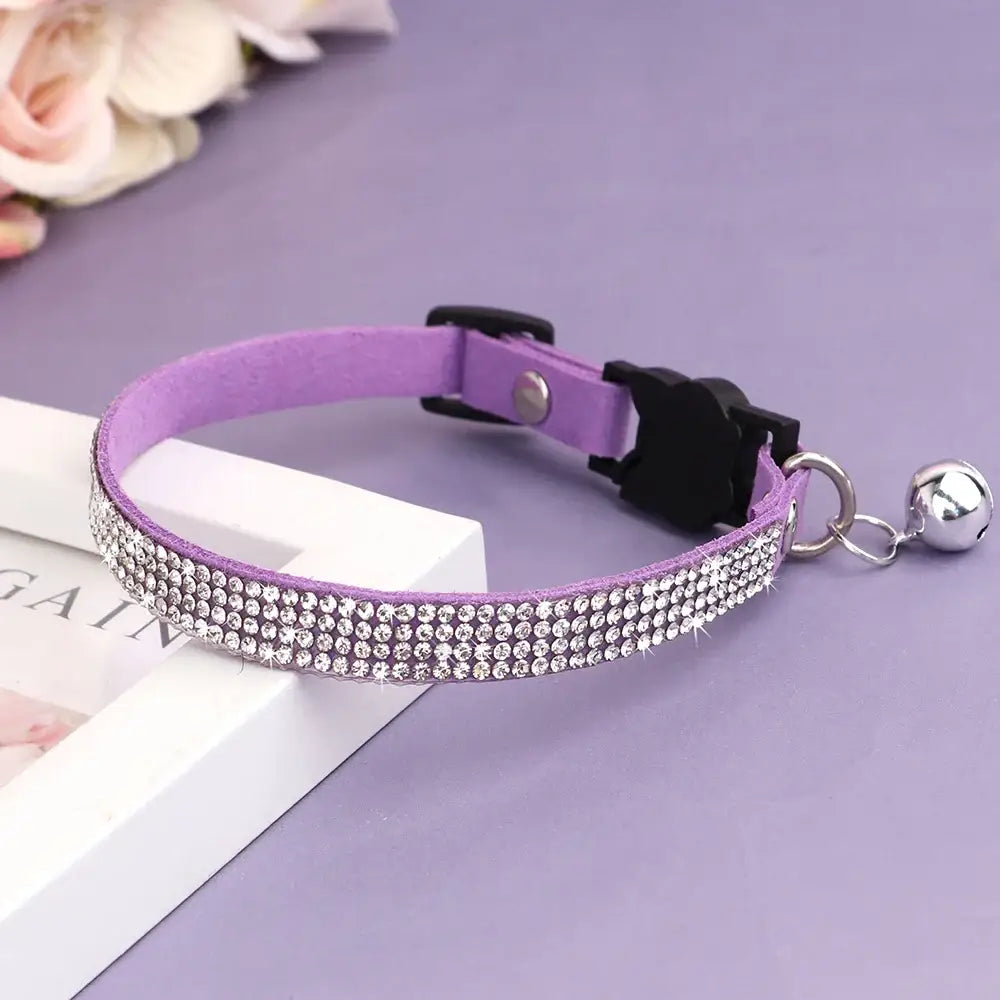 Pink Suede Rhinestone Cat Collar with Bell - XS / PURPLE - cat collar