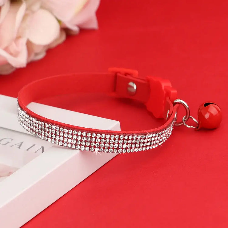Pink Suede Rhinestone Cat Collar with Bell - XS / Red - cat collar