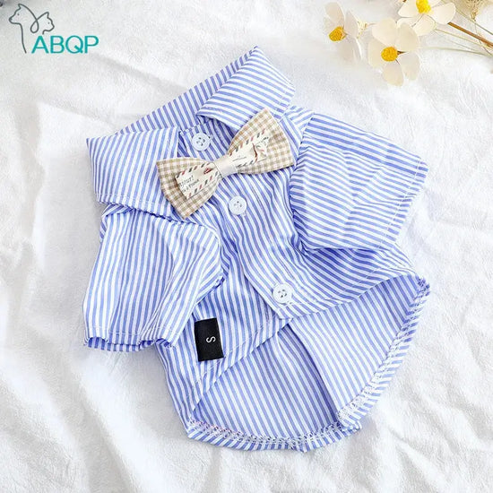 Striped Summer Dog Shirt with Bowknot – Blue - dog clothing