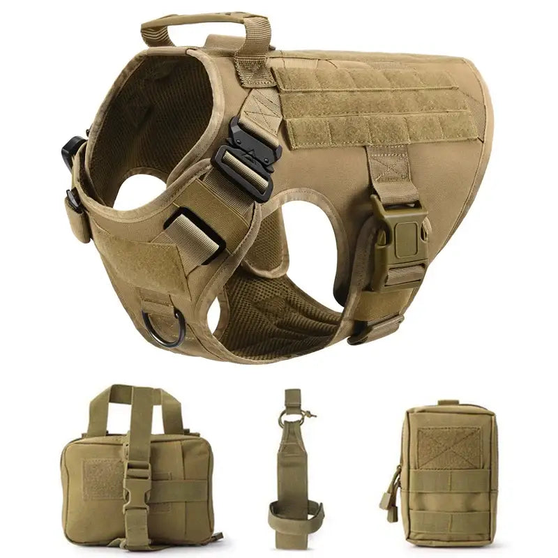 Tactical Dog Harness & Leash Set - Brown 4 piece set / L(30-40KG) - dog harness